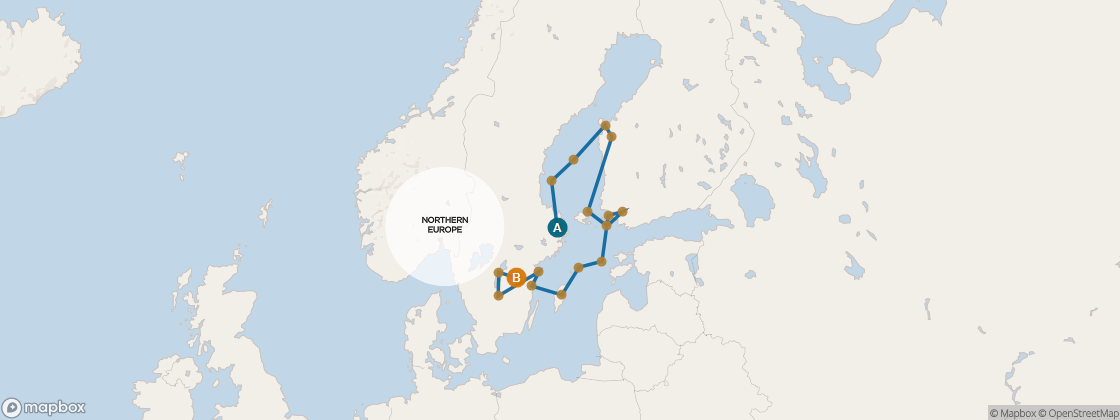 Seven Seas Mariner Voyage MAR280807A itinerary map from Stockholm to Copenhagen, August 7-29 2028, 22 days