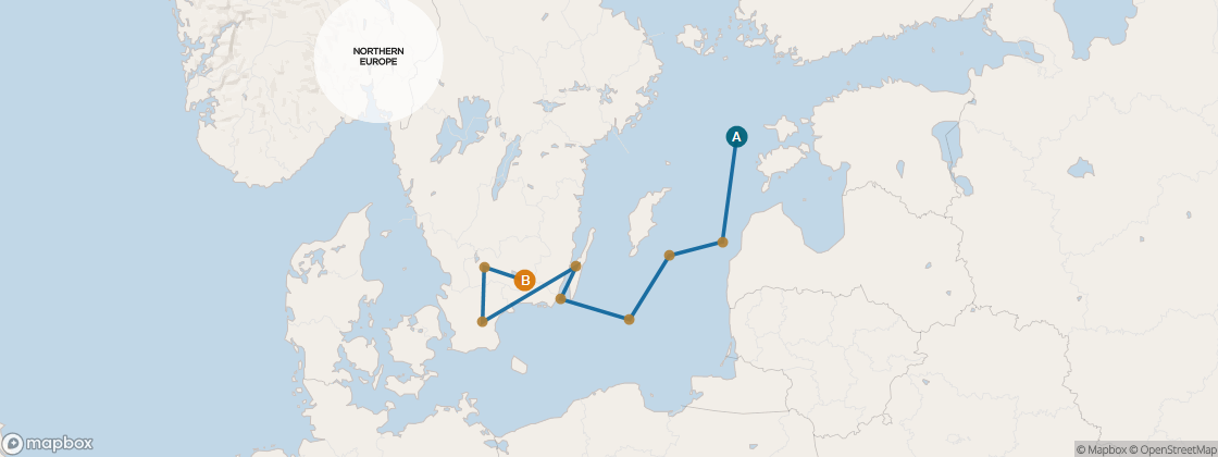 Seven Seas Mariner Voyage MAR280818 itinerary map from Helsinki to Copenhagen, August 18-29 2028, 11 days