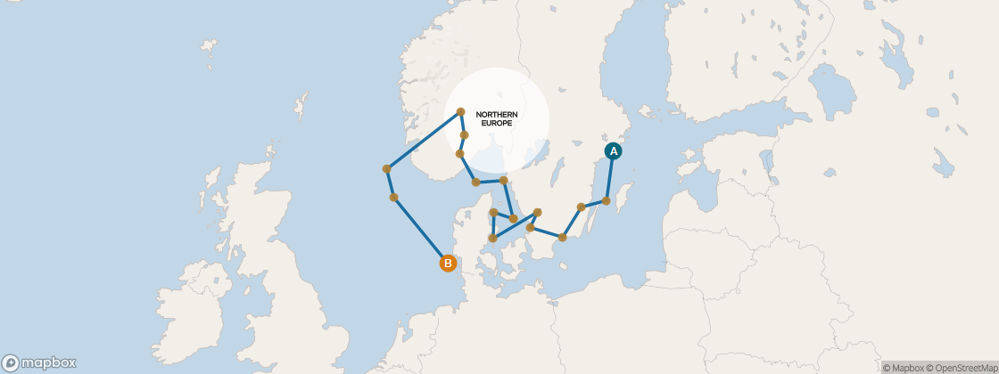 Seven Seas Mariner Voyage MAR280818A itinerary map from Helsinki to Amsterdam (Ijmuiden), August 18-September 8 2028, 21 days
