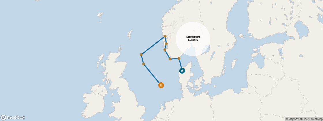 Seven Seas Mariner Voyage MAR280829 itinerary map from Copenhagen to Amsterdam (Ijmuiden), August 29-September 8 2028, 10 days