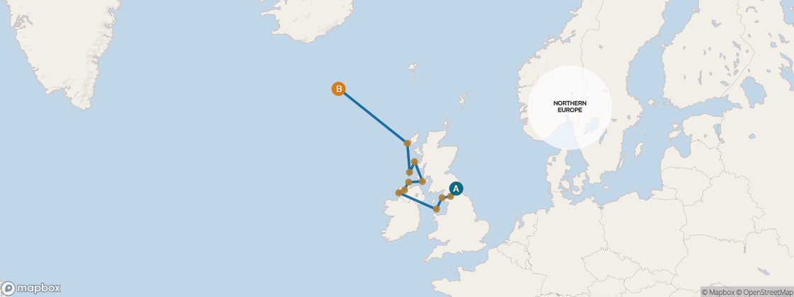 Seven Seas Mariner Voyage MAR280908 itinerary map from Amsterdam (Ijmuiden) to Reykjavik, September 8-22 2028, 14 days