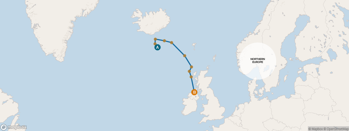 Seven Seas Mariner Voyage MAR280922 itinerary map from Reykjavik to London (Southampton), September 22-October 3 2028, 11 days