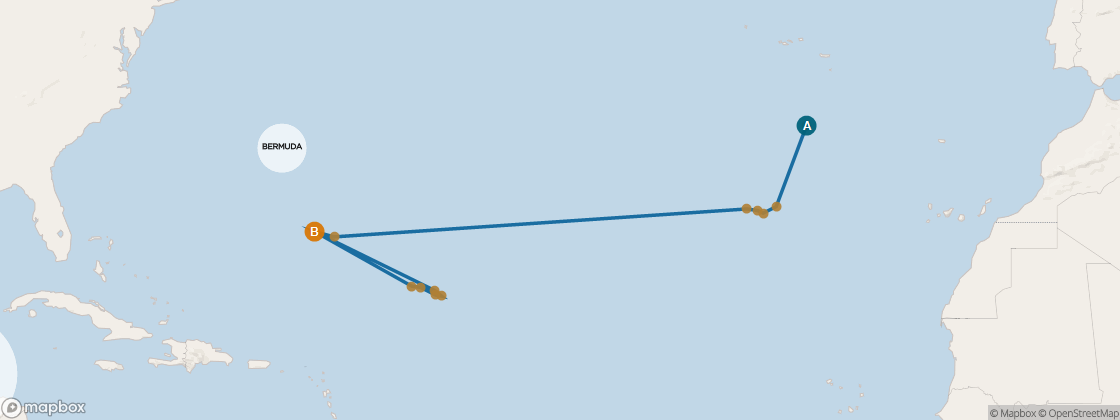 Seven Seas Mariner Voyage MAR281014A itinerary map from Lisbon to Miami, October 14-November 7 2028, 24 days