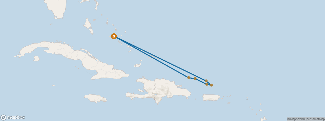 Seven Seas Mariner Voyage MAR281028 itinerary map from Miami to Miami, October 28-November 7 2028, 10 days