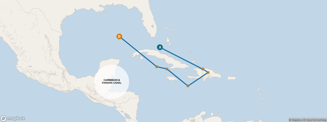 Seven Seas Mariner Voyage MAR281129 itinerary map from Miami to Houston (Galveston), November 29-December 11 2028, 12 days