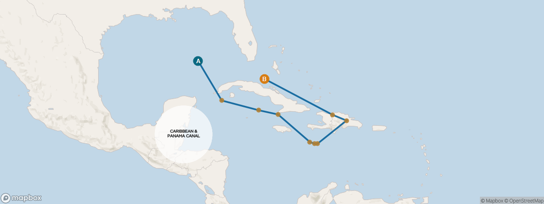 Seven Seas Mariner Voyage MAR281222 itinerary map from Houston (Galveston) to Miami, December 22-January 6 2029, 15 days