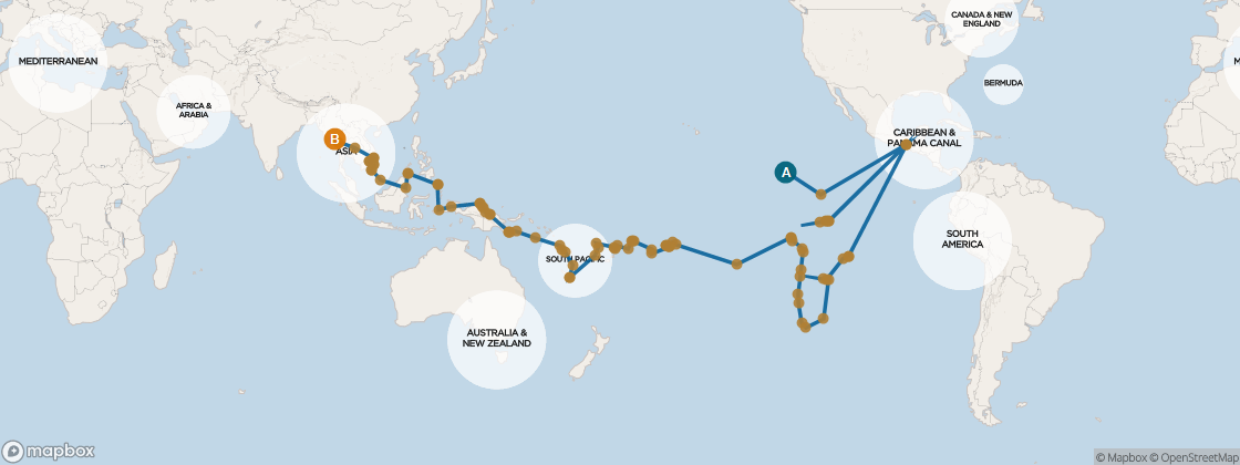 Seven Seas Mariner Voyage MAR290106H itinerary map from Miami to Rome (Civitavecchia), January 6-June 5 2029, 150 days