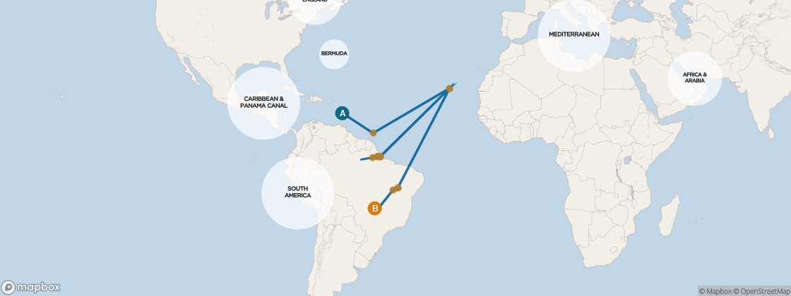 Seven Seas Mariner Voyage MAR290107 itinerary map from Miami to Buenos Aires, January 7-February 1 2029, 25 days