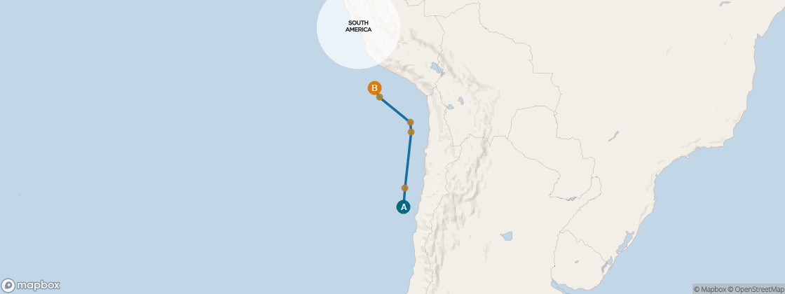Seven Seas Mariner Voyage MAR290218 itinerary map from Valparaiso to Lima (Callao), February 18-26 2029, 8 days