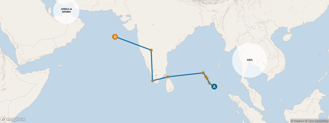 Seven Seas Mariner Voyage MAR290427 itinerary map from Singapore to Dubai, April 27-May 15 2029, 18 days