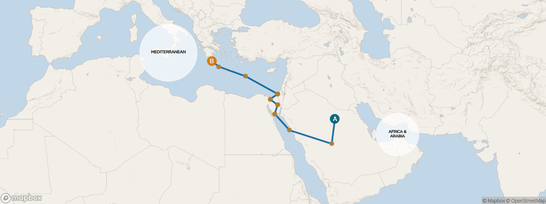 Seven Seas Mariner Voyage MAR290515 itinerary map from Dubai to Rome (Civitavecchia), May 15-June 5 2029, 21 days