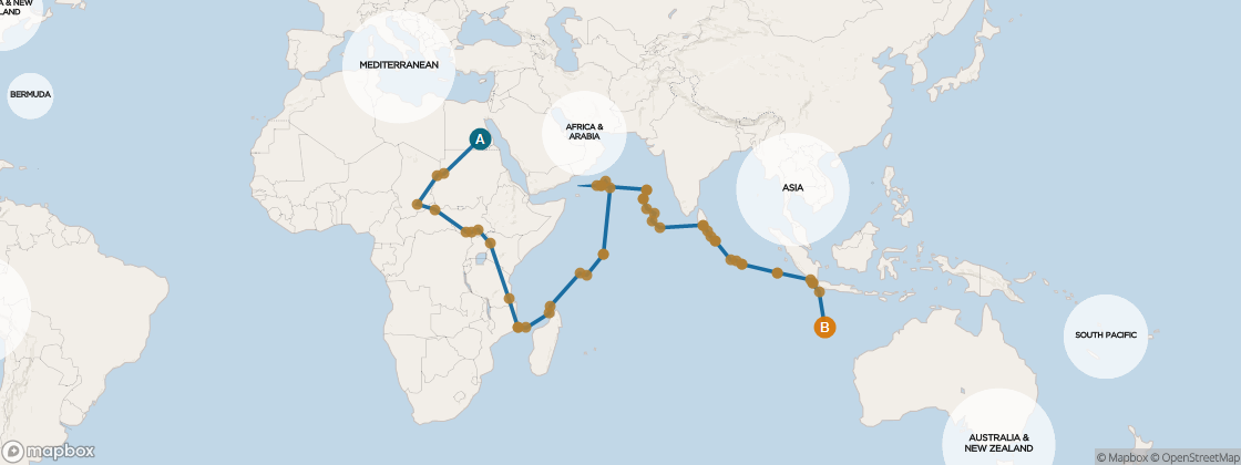 Seven Seas Navigator Voyage number not verified itinerary map from Barcelona, Spain to Sydney (Australia), November 9-January 30 2027, 82 days