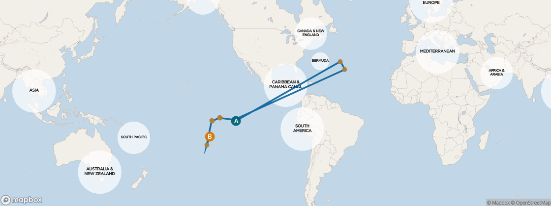 Seven Seas Navigator Voyage NAV260314 itinerary map from Papeete, Tahiti to Auckland, New Zealand, March 14-31 2026, 17 days