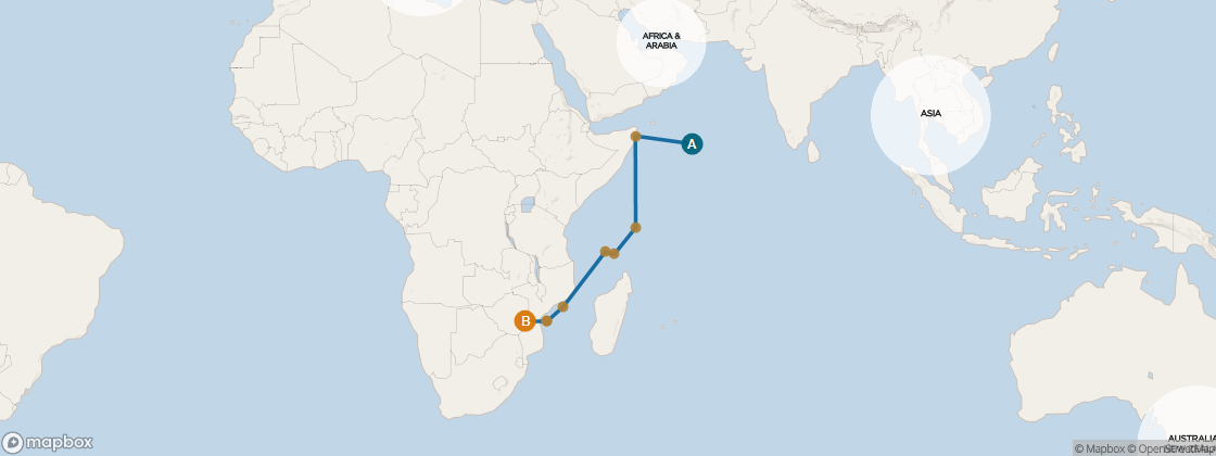 Seven Seas Navigator Voyage NAV260522 itinerary map from Doha, Qatar to Cape Town, South Africa, May 22-June 11 2026, 20 days