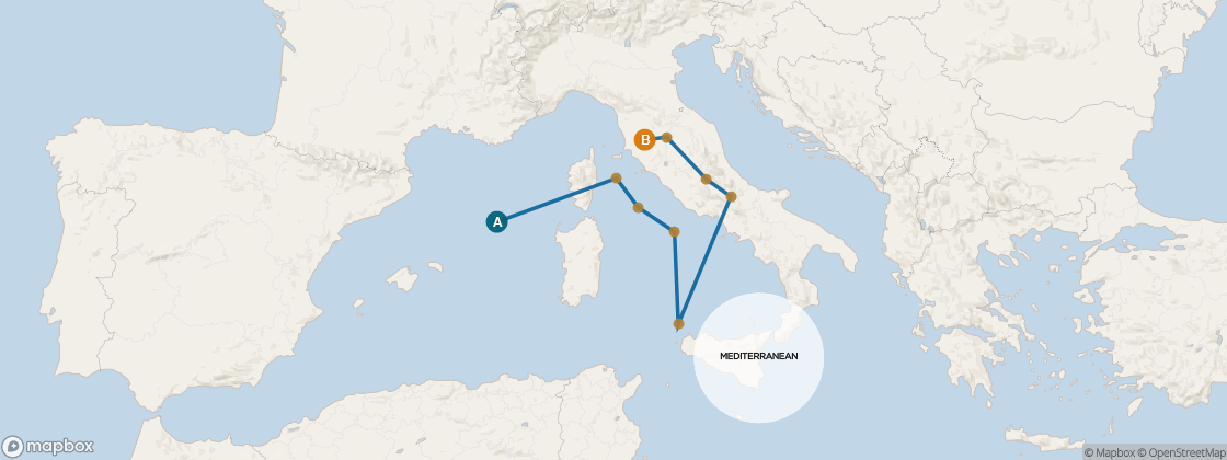 Seven Seas Navigator Voyage NAV260902 itinerary map from BARCELONA to VENICE (FUSINA), September 2-12 2026, 10 days