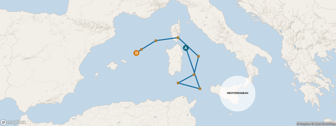 Seven Seas Navigator Voyage NAV261101 itinerary map from ROME (CIVITAVECCHIA) to BARCELONA, November 1-11 2026, 10 days