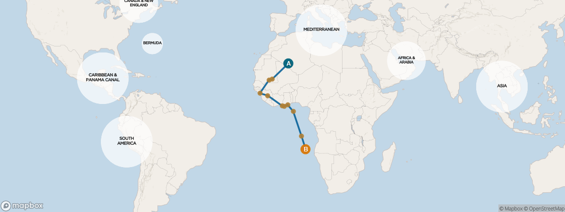Seven Seas Navigator Voyage NAV261109 itinerary map from Barcelona, Spain to Cape Town, South Africa, November 9-December 2 2026, 23 days