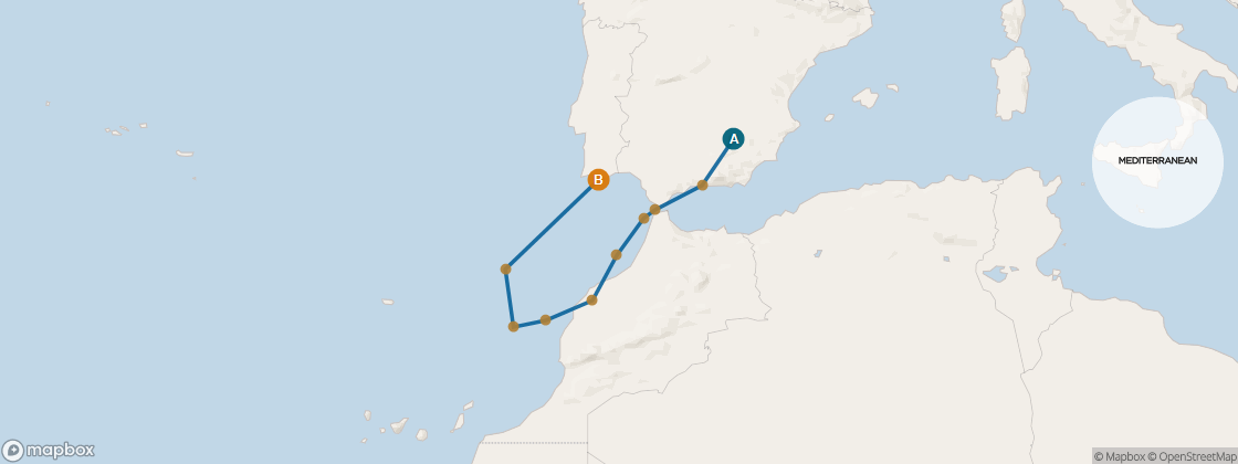 Seven Seas Navigator Voyage NAV261111 itinerary map from BARCELONA to LISBON, November 11-23 2026, 12 days