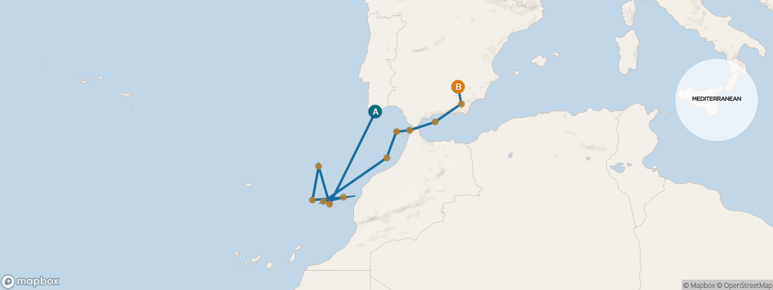 Seven Seas Navigator Voyage NAV261123 itinerary map from LISBON to BARCELONA, November 23-December 7 2026, 14 days
