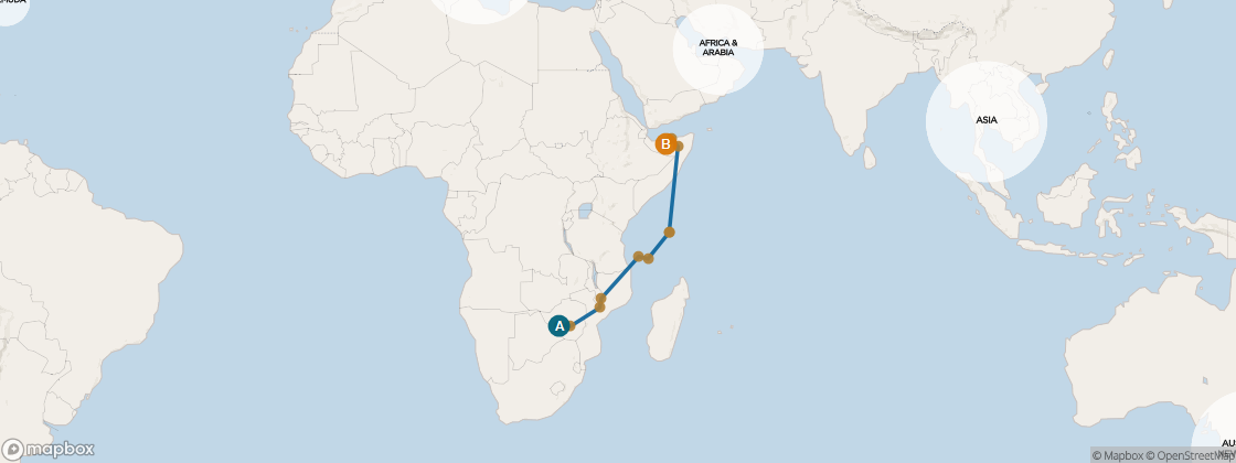 Seven Seas Navigator Voyage NAV261202 itinerary map from Cape Town, South Africa to Abu Dhabi, U.A.E., December 2-21 2026, 19 days