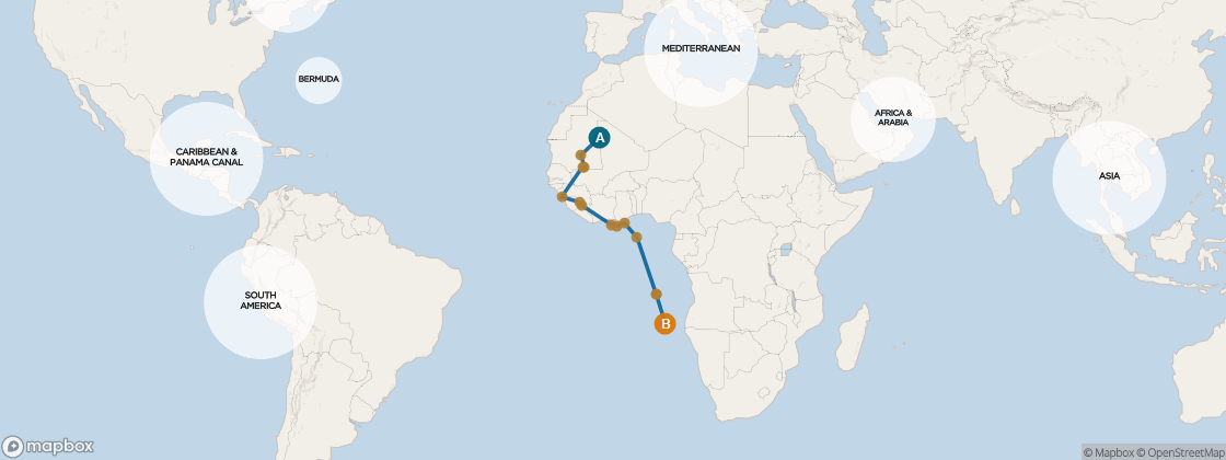 Seven Seas Navigator Voyage NAV270212 itinerary map from LISBON to CAPE TOWN, February 12-March 9 2027, 25 days
