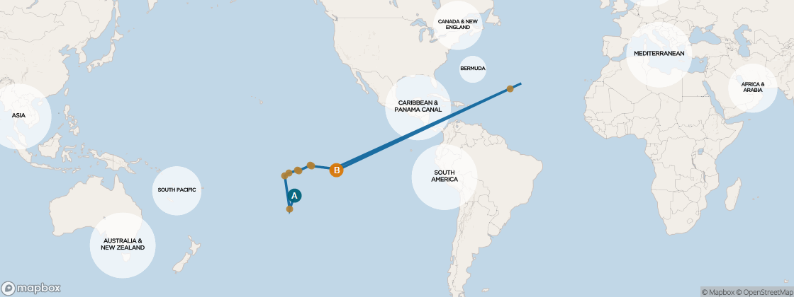 Seven Seas Navigator Voyage NAV270213 itinerary map from Auckland, New Zealand to Papeete, Tahiti, February 13-March 1 2027, 16 days