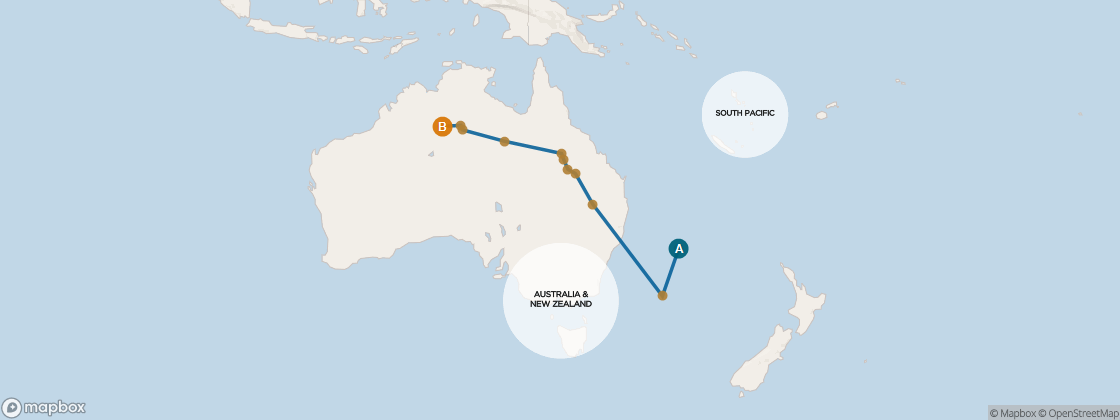 Seven Seas Navigator Voyage NAV270327 itinerary map from Auckland, New Zealand to Benoa, Bali, Indonesia, March 27-April 14 2027, 18 days