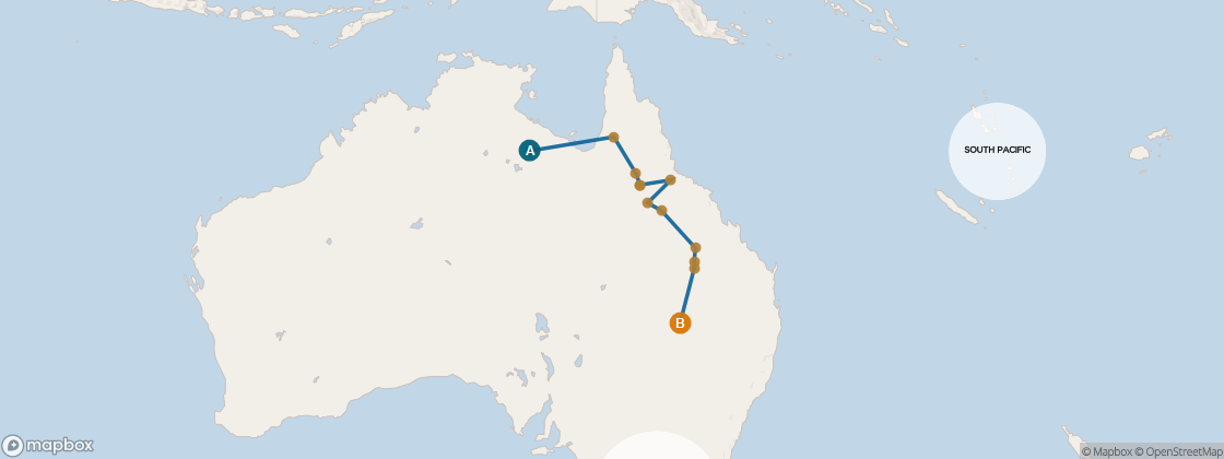 Seven Seas Navigator Voyage NAV270627 itinerary map from DARWIN to SYDNEY, June 27-July 13 2027, 16 days