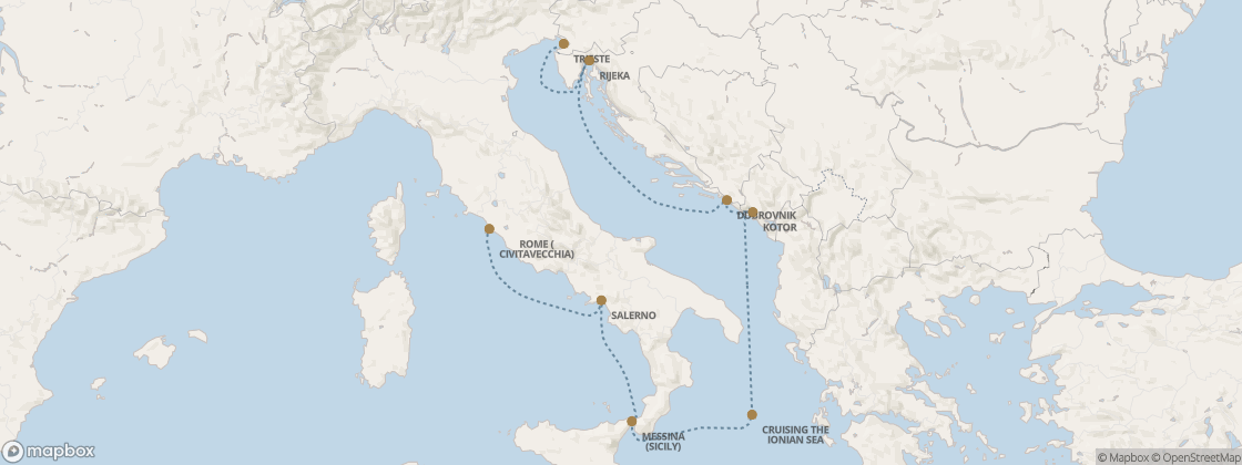 Seven Seas Prestige Voyage PRT270909 itinerary map from Rome (Civitavecchia) to Trieste, September 9-16 2027, 7 days