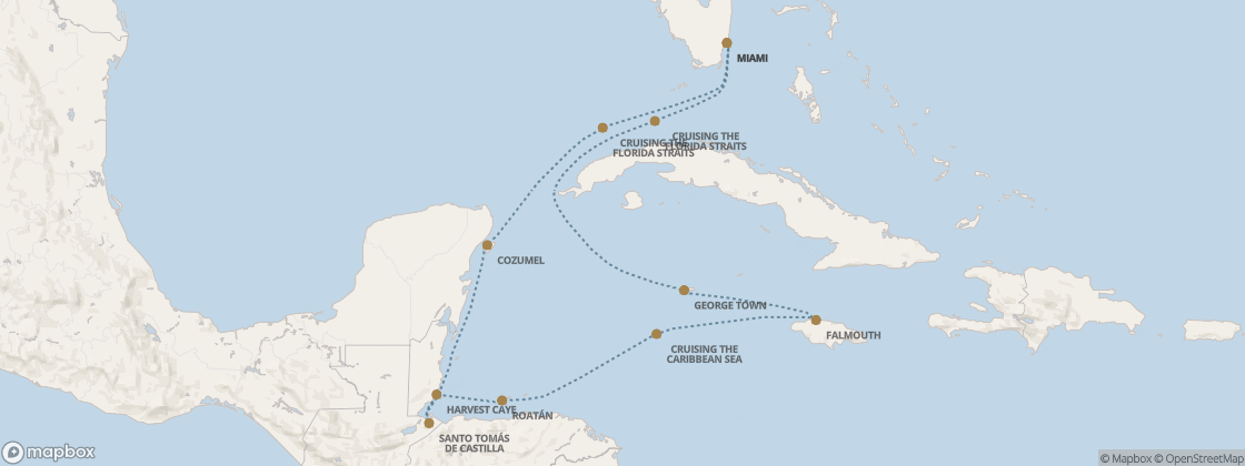 Seven Seas Prestige Voyage PRT271127 itinerary map from Miami to Miami, November 27-December 7 2027, 10 days