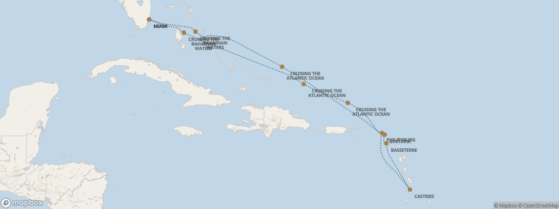 Seven Seas Prestige Voyage PRT280127 itinerary map from Miami to Miami, January 27-February 5 2028, 9 days