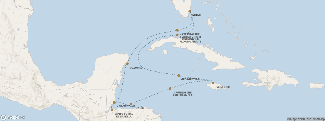 Seven Seas Prestige Voyage PRT280205 itinerary map from Miami to Miami, February 5-16 2028, 11 days
