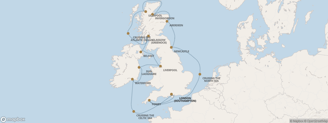 Seven Seas Prestige Voyage PRT280512 itinerary map from London (Southampton) to London (Southampton), May 12-26 2028, 14 days