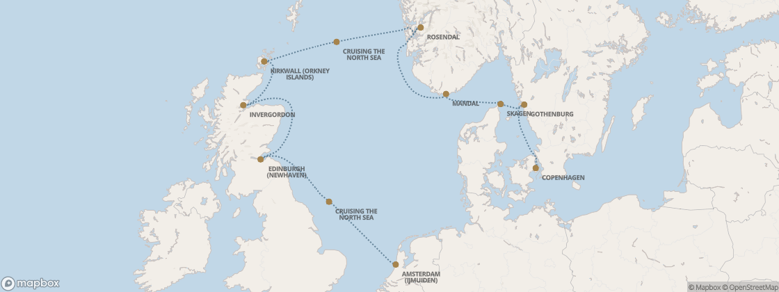 Seven Seas Prestige Voyage PRT280613 itinerary map from Copenhagen to Amsterdam (Ijmuiden), June 13-23 2028, 10 days