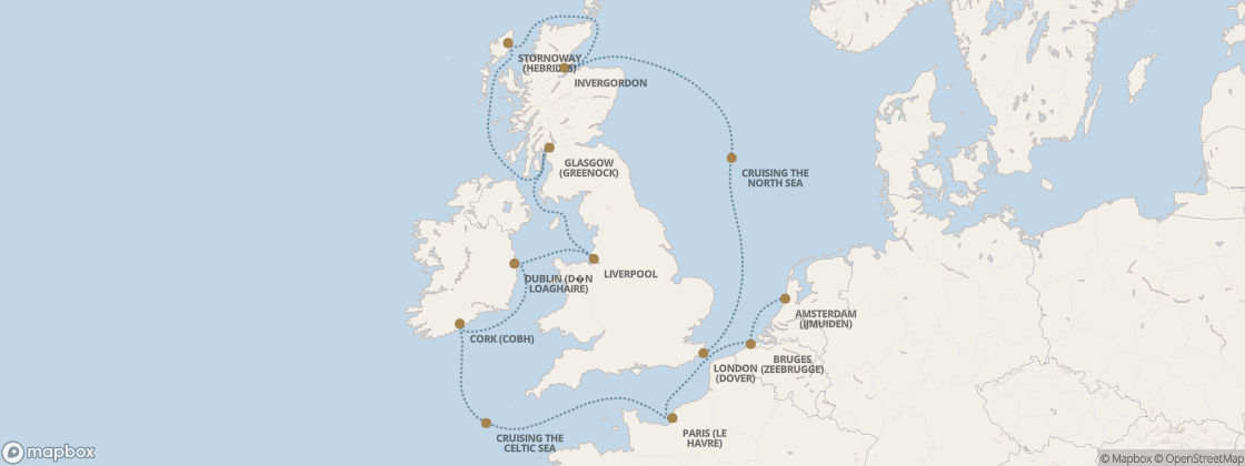Seven Seas Prestige Voyage PRT280623 itinerary map from Amsterdam (Ijmuiden) to London (Dover), June 23-July 4 2028, 11 days