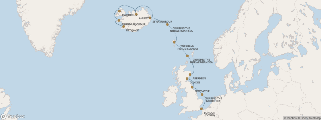 Seven Seas Prestige Voyage PRT280704 itinerary map from London (Dover) to Reykjavik, July 4-16 2028, 12 days