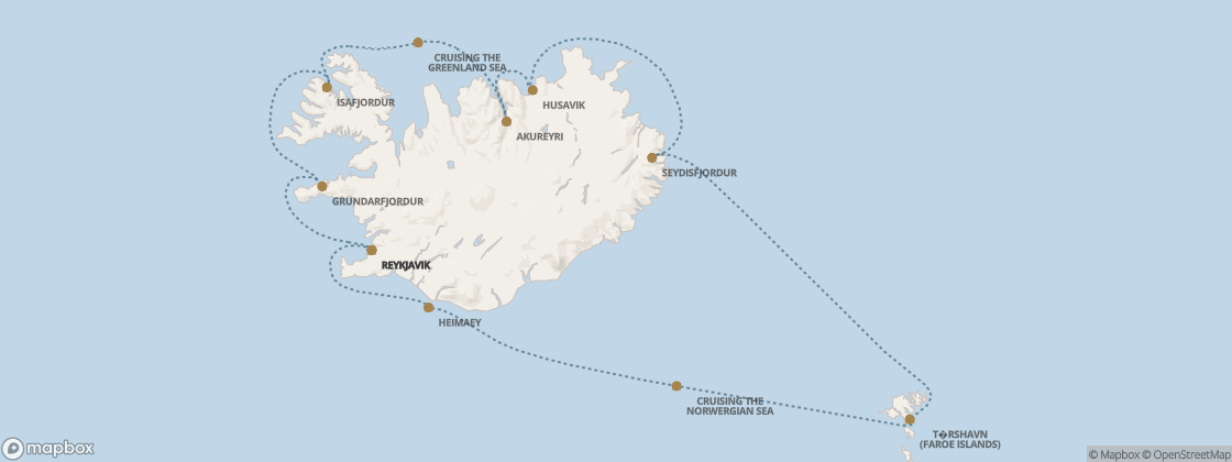 Seven Seas Prestige Voyage PRT280716 itinerary map from Reykjavik to Reykjavik, July 16-27 2028, 11 days