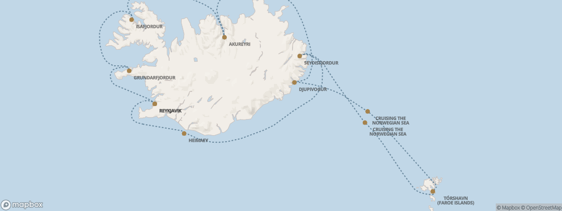 Seven Seas Prestige Voyage PRT280727 itinerary map from Reykjavik to Reykjavik, July 27-August 6 2028, 10 days