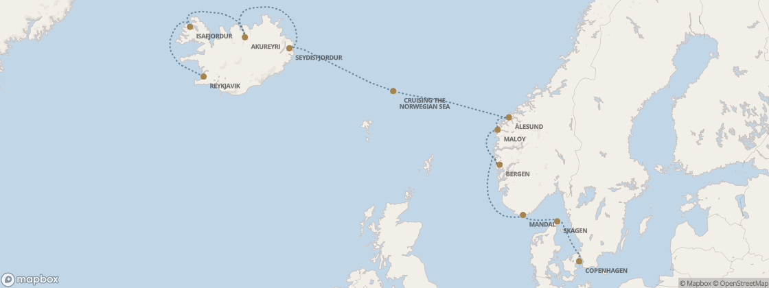 Seven Seas Prestige Voyage PRT280806 itinerary map from Reykjavik to Copenhagen, August 6-16 2028, 10 days