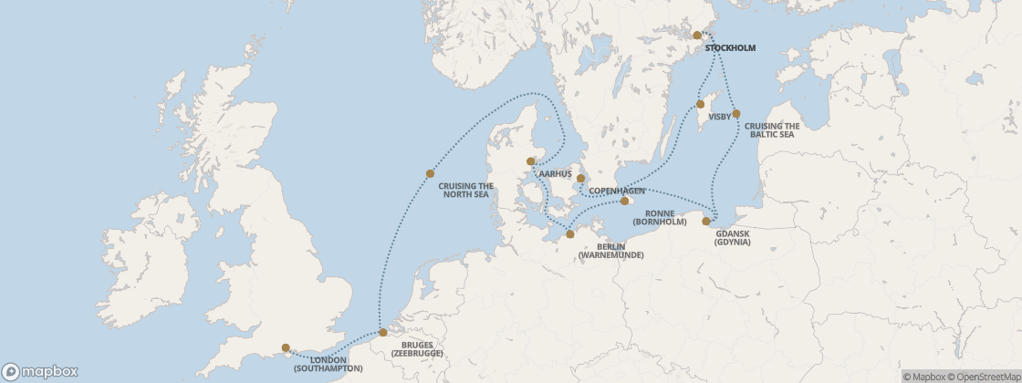Seven Seas Prestige Voyage PRT280816 itinerary map from Copenhagen to London (Southampton), August 16-27 2028, 11 days