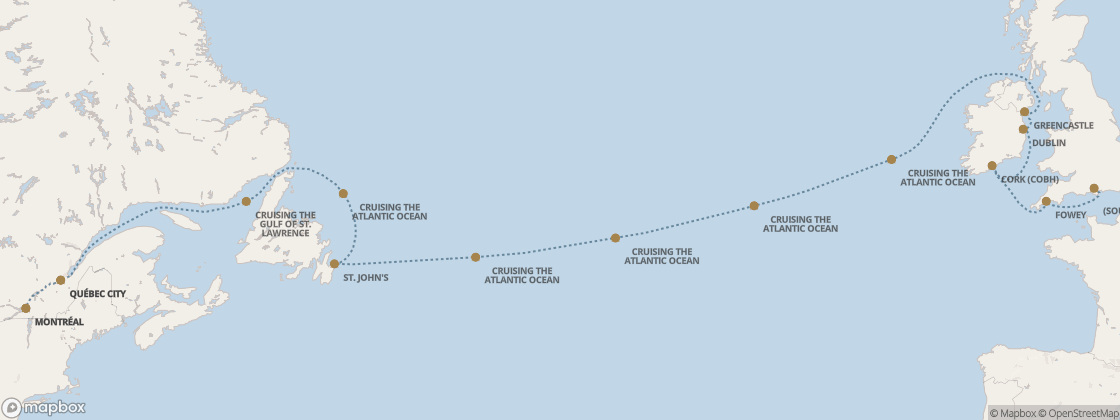 Seven Seas Prestige Voyage PRT280827 itinerary map from London (Southampton) to Montréal, August 27-September 10 2028, 14 days