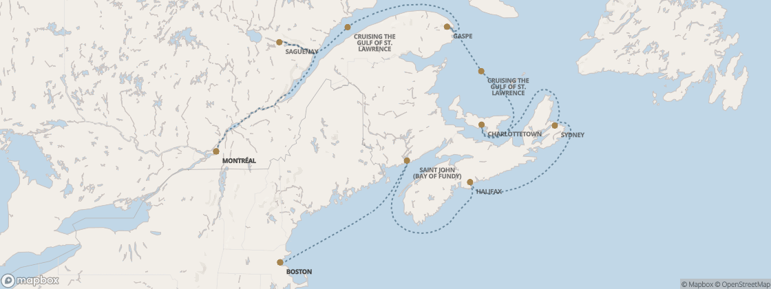 Seven Seas Prestige Voyage PRT280910 itinerary map from Montréal to Boston, September 10-21 2028, 11 days
