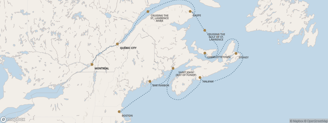 Seven Seas Prestige Voyage PRT280921 itinerary map from Boston to Montréal, September 21-October 2 2028, 11 days
