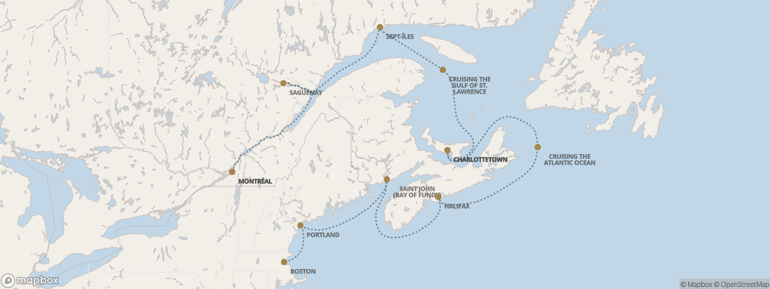 Seven Seas Prestige Voyage PRT281002 itinerary map from Montréal to Boston, October 2-13 2028, 11 days