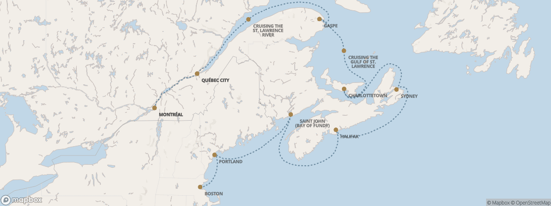 Seven Seas Prestige Voyage PRT281013 itinerary map from Boston to Montréal, October 13-24 2028, 11 days