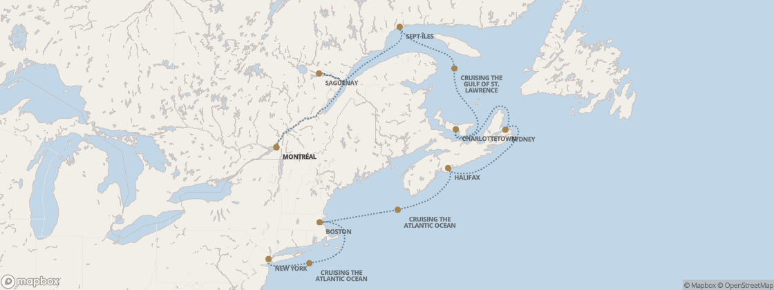 Seven Seas Prestige Voyage PRT281024 itinerary map from Montréal to New York, October 24-November 4 2028, 11 days