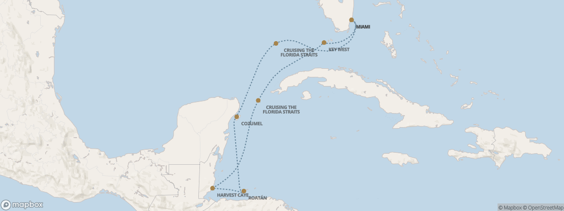 Seven Seas Prestige Voyage PRT281118 itinerary map from Miami to Miami, November 18-25 2028, 7 days
