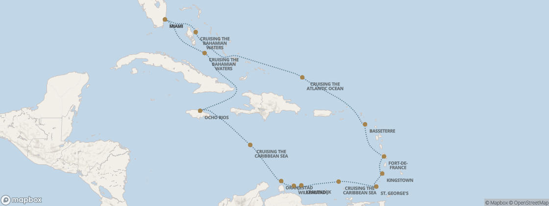 Seven Seas Prestige Voyage PRT281125 itinerary map from Miami to Miami, November 25-December 9 2028, 14 days