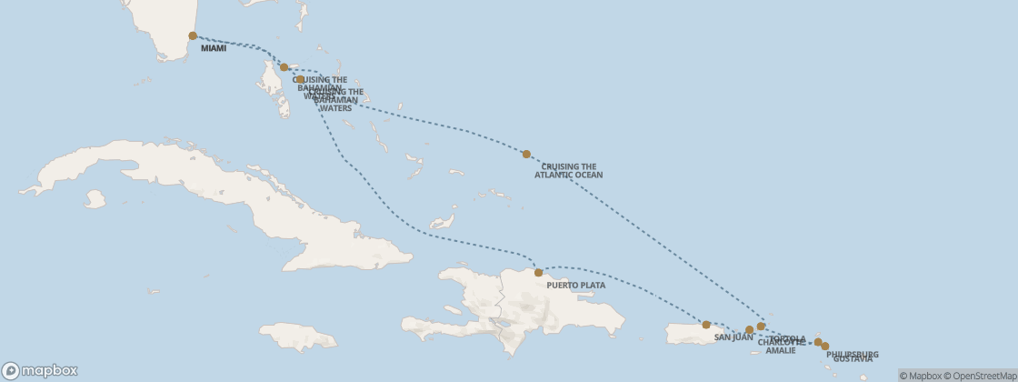 Seven Seas Prestige Voyage PRT281220 itinerary map from Miami to Miami, December 20-30 2028, 10 days
