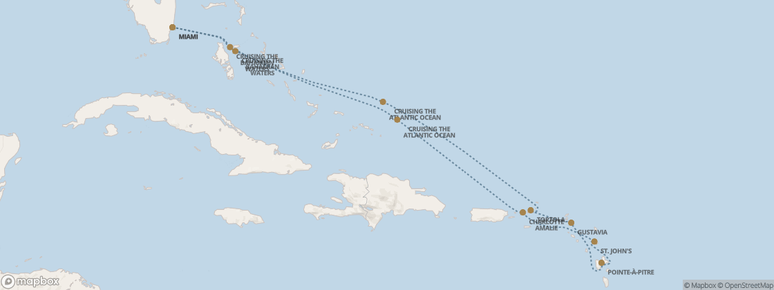 Seven Seas Prestige Voyage PRT281230 itinerary map from Miami to Miami, December 30-January 9 2029, 10 days